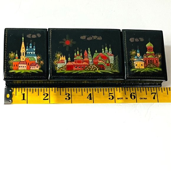 Russian Black Lacquer Box 3 compartments Artist Signed Handpainted 7.25" L - Picture 6 of 11